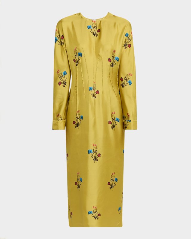 Floral Silk Twill Long-Sleeve Maxi Dress